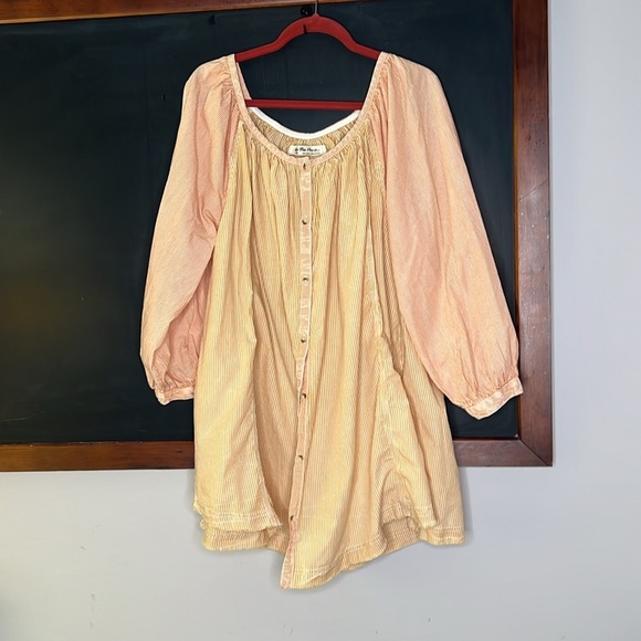 Free People We The Free Women Sz Large Orange Yellow Striped Oxford Swing Tunic - Picture 3 of 5